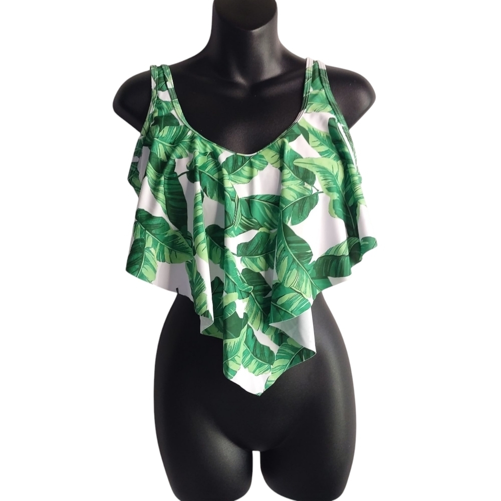 Coskaka Women's Green White Leaves Print Bikini Swim Suit Top Size M NWT